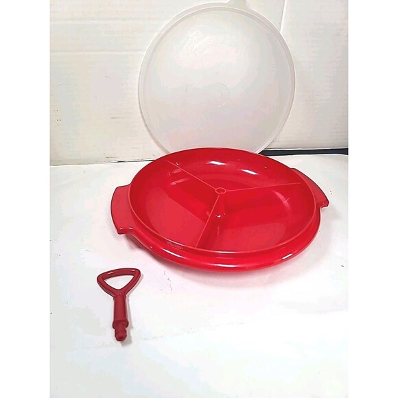 Vintage 3 Pc Tupperware Suzette Divided Relish Serving Tray 608-12 /229-5 Red - Picture 3 of 6
